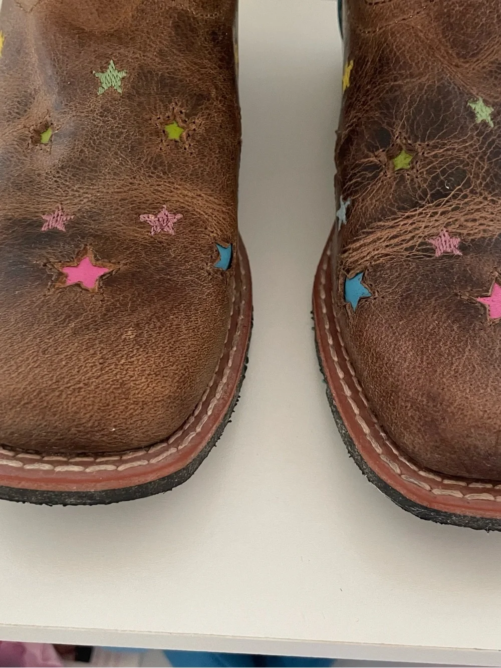 Dan Post Girls Brown Cowboy Boots with Turquoise Trim and Multicolor Stars